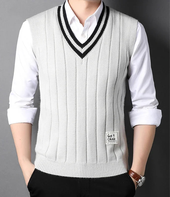 Men's Clothing Icon Knit Sweater Male Sleeveless Striped Waistcoat Vest Beige Heated Korean Style High Quality Replica Street X