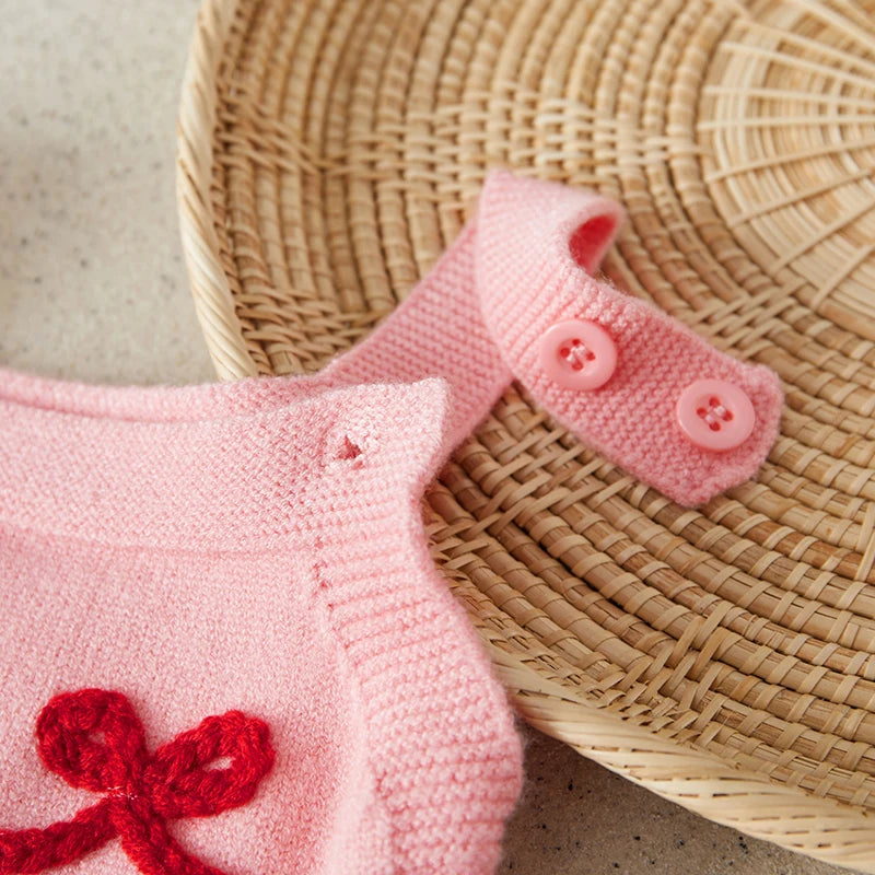 Suefunskry Baby Girl Overalls, Sleeveless Bows Pattern Knit Romper Bodysuit Spring Fall Clothes for Casual Daily