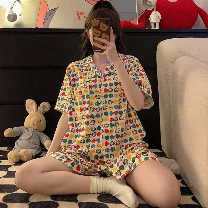 Plus Size Ins Cartoon Pajamas Set Korean Student Summer Internet Celebrity Girl Short Sleeve Shorts Thin Loose Home wear