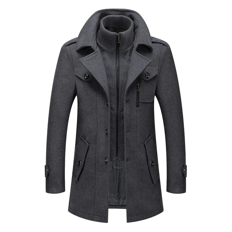 Autumn Winter Men's Woolen Coat Fashion Double Neck Coat Solid Color Long Sleeve Jacket