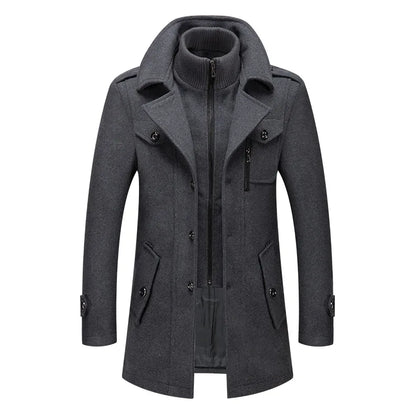 Autumn Winter Men's Woolen Coat Fashion Double Neck Coat Solid Color Long Sleeve Jacket