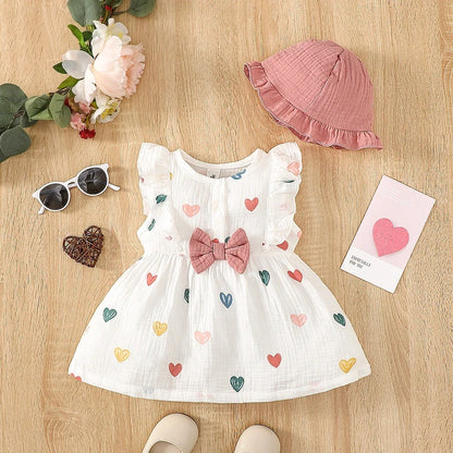Newborn Baby Girl Sweet Cotton Dress Sleeveless Love Pattern Dress + Hat 2PCS Summer Beach Clothing for Infant Girl 0-9 Months