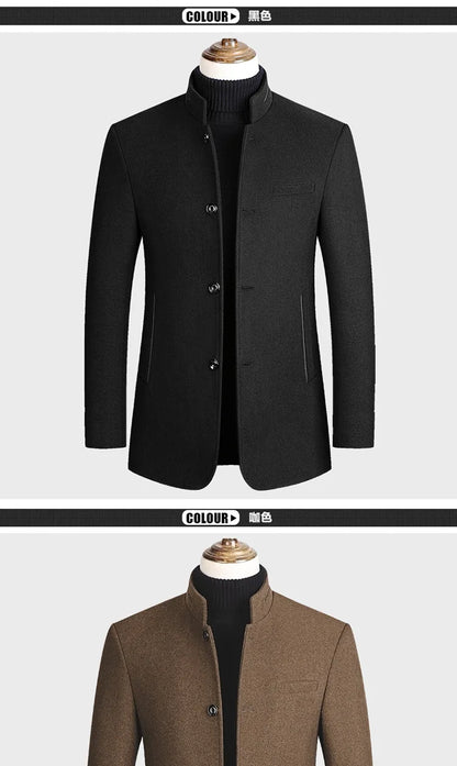 Men's Woolen Coat 2025 Autumn/Winter New Cotton Thickened Single Breasted Standing Collar Wool Blend Male Jacket