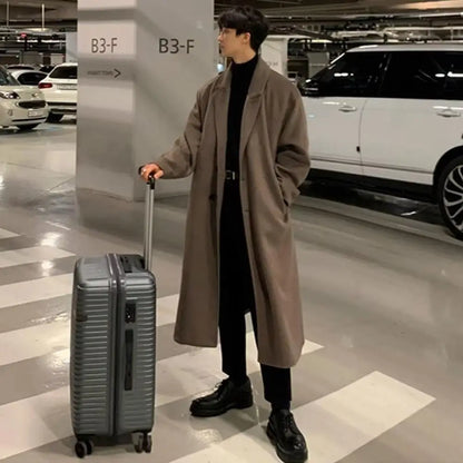 Korean Trend Men's Loose Casual Single-breasted Overcoat Autumn Winter Fashion New Long Sleeve Woolen Long Coat