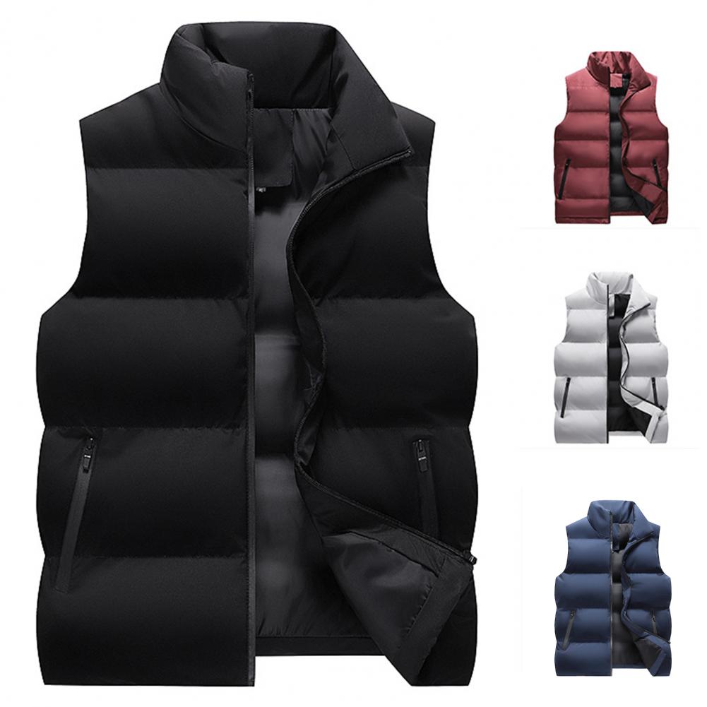 Men Waistcoat Thick Padded Cotton Vest Windproof Sleeveless Winter Outerwear Neck Zipper Cardigan Men Winter Coat