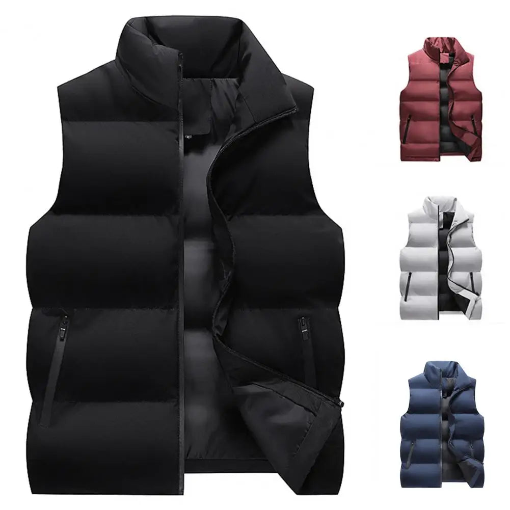 Men Waistcoat Thick Padded Cotton Vest Windproof Sleeveless Winter Outerwear Neck Zipper Cardigan Men Winter Coat