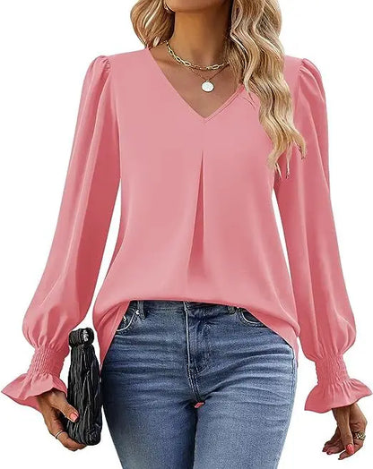 Women's New Solid Color Chiffon Shirt V-neck Pullover Flared Long Sleeved Top Shirt Office Lady Elegant Khaki Loose Blouse