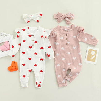 Newborn Baby Girls Valentine's Day Romper Ruffle Ribbed Bodysuit Heart Jumpsuit with Headband Valentine Outfits 0-18M
