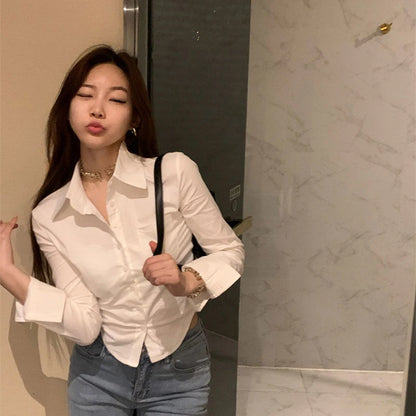 Korean White Office Women Chiffon Shirt Pocket Button Lapel Ladies Blouse Spring Commuter Long Sleeve New Female Crop Tops