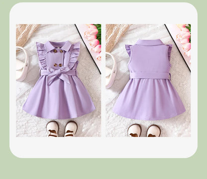 Wholesale Kids Girls Retro Solid Color Trench Belted Dress Double Breasted Elegant Summer Baby Dress