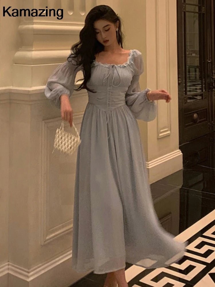 Elegant Square Collar Lace Dress Princess Evening Party Midi Dresses Women Autumn High Waist A-line Prom Robe One Piece Vestidos