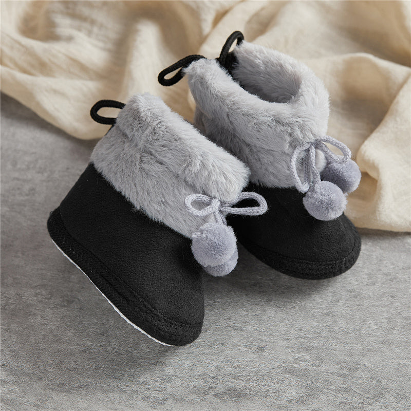 Suefunskry Toddler Baby Girls Boys Boots Winter Warm Soft Sole Fluffy Lace up Boots Cute Plush Pom Decoration Non Slip Shoes