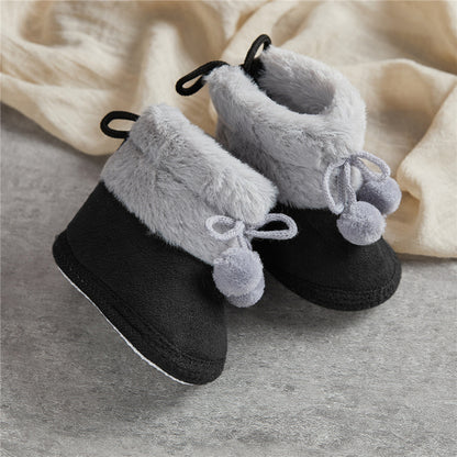 Suefunskry Toddler Baby Girls Boys Boots Winter Warm Soft Sole Fluffy Lace up Boots Cute Plush Pom Decoration Non Slip Shoes