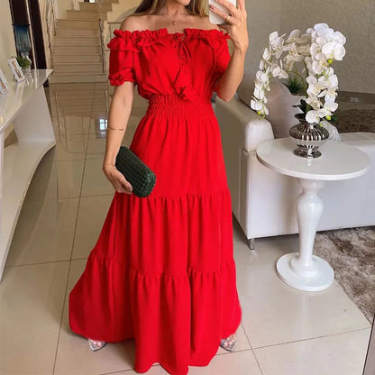 Summer Boho Red Dress Fashion Short Sleeve Beach Long Dress Casual Loose Elegant Holiday Party Dresses For Women Robe Femme 2025