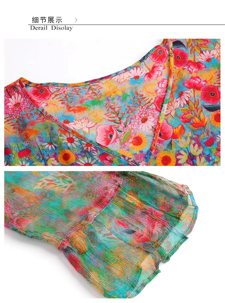 High Quality Summer 2025 Beach Boho Vintage Print Chiffon V Neck Dress Elegant Party Robe Designer Vespids Loose Midi Dress