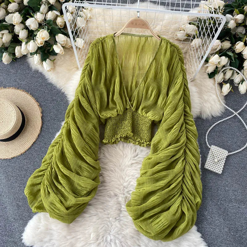 Women Sexy Chiffon Short Blouse Female See Through Super Long Sleeve Purple/Green/Black/White Folds Party Tops 2025 New