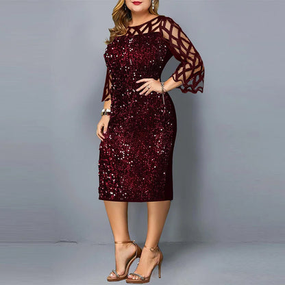 Elegant Sequin Plus Size 4XL 5XL Women Midi Dress Sexy Casual Evening Party Dress Gown Wedding Luxury Robe Rouge Vestidos