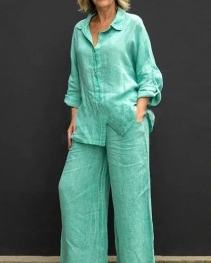 Casual Cotton Linen Two Pieces Set Women Autumn Long Sleeve Shirt Trousers Set Fashion Solid Straight Pants Suits Women Outfits