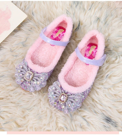 Disney Autumn Fashion Pearl Bow Rhinestone Frozen Elsa Princess Girl Shoes Flat Kids Princess Warm Winter Shoes Size 23-36