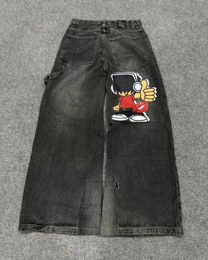 Y2K Harajuku Retro Washed Baggy Jeans Street Hip-hop Anime Printed Wide Pattern Straight Pants Men Trendy Brand Casual Trousers