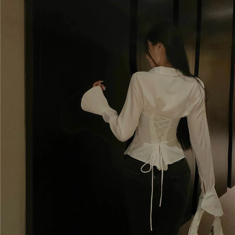Fashion Women Bandage Shirts Korean All Match Streetwear Female Slim Blouse Spring Casual White Bell Sleeve Shirt New