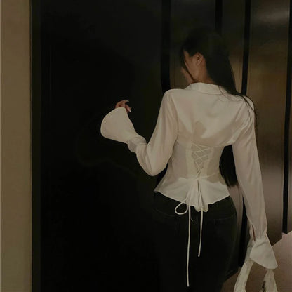 Fashion Women Bandage Shirts Korean All Match Streetwear Female Slim Blouse Spring Casual White Bell Sleeve Shirt New