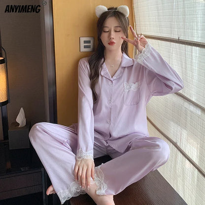Women Casual Luxury Pajamas Thin Pajamas Female Sleepwear New Elegant Ladies Faux Silk Polyester Dots Pajama Sets Sexy Home wear