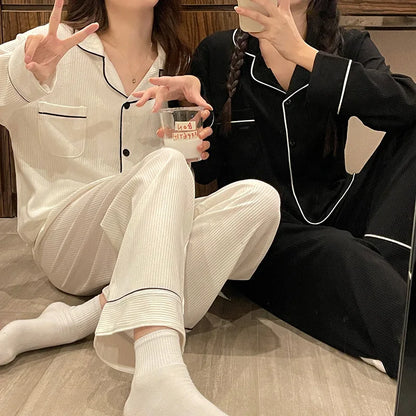 Black Sleepwear Women Pajama Sets Korean Pajama Autumn Pants Sets for Women 2 Pieces Button Night Wears Long Sleeve Home Suit