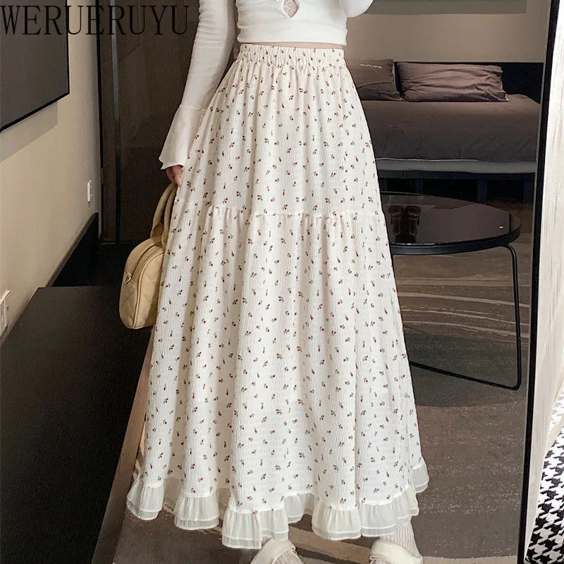 Summer White Floral Long Skirt Womens Y2k Clothes Fashion Elastic High Waist Casual Elegant Spliced Gauze Skirts for Women 2025