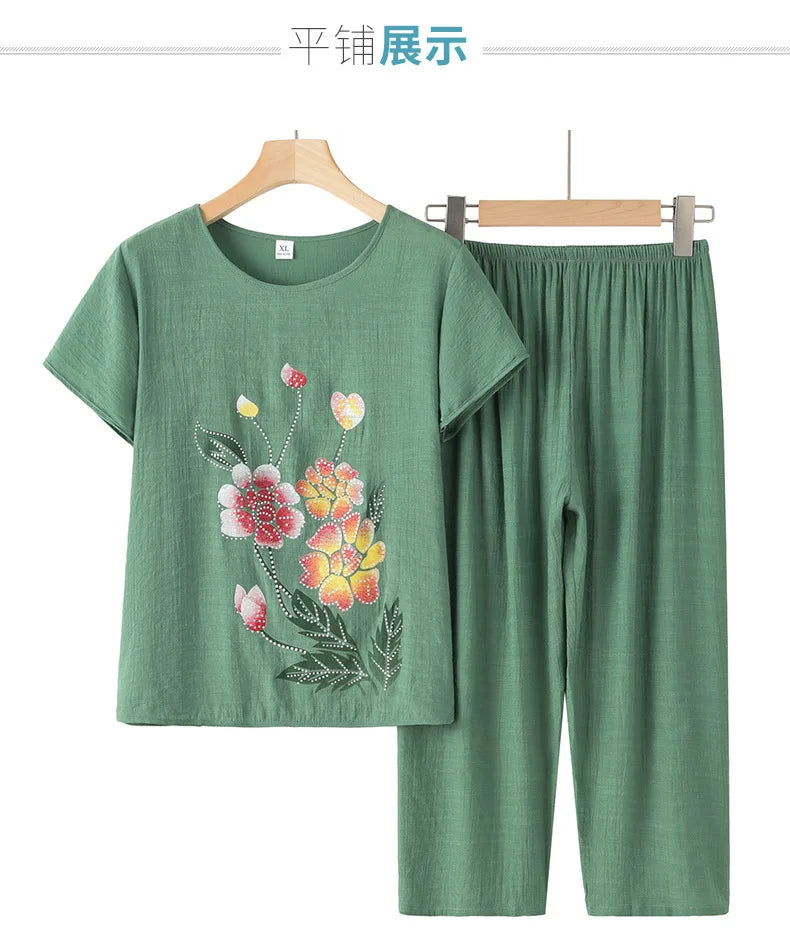 Summer Women Clothing Middle Aged Mother Short Sleeved Cotton Linen Sleepwear Set Printed Large Size Grandma Pajamas Suit 4XL