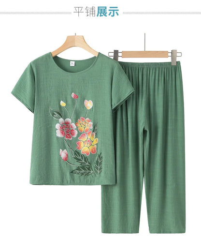 Summer Women Clothing Middle Aged Mother Short Sleeved Cotton Linen Sleepwear Set Printed Large Size Grandma Pajamas Suit 4XL