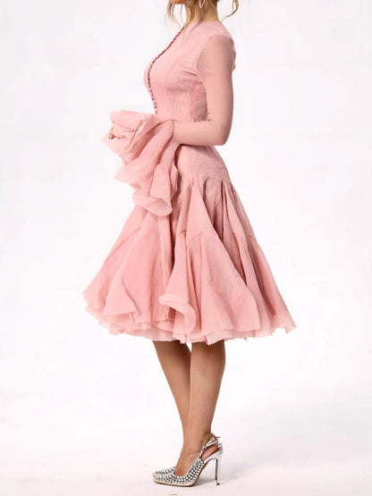 VGH Elegant Spliced Ruffles Midi Dresses for Women O Neck Petal Sleeve High Waist Slim Patchwork Buttons Solid Dress Female New