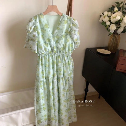 Cheap French Sweet Floral Dress Women V Neck Puff Sleeve Summer Chiffon Dress Summer Bohemian Print A-line Midi Dress In stock