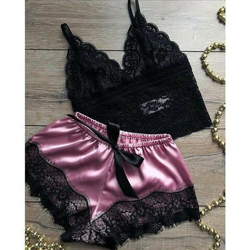 Women's Sexy Lace Sleepwear Lace Necklacing Lingerie Sleeveless V-Neck Baby doll Pajamas Set Lingerie Tops Shorts Set Nightwear
