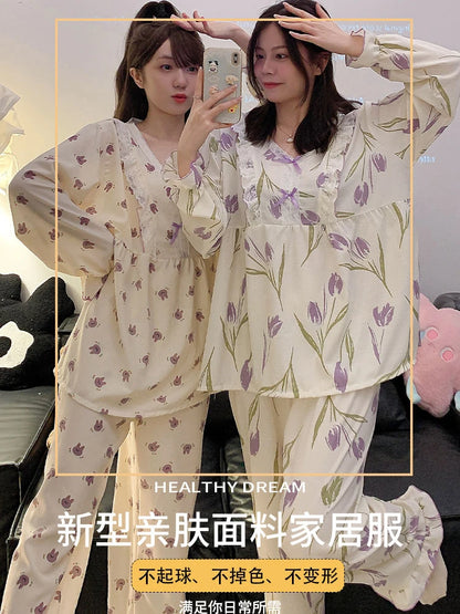 5XL Plus Size Pajama Set Women Lace Sweet Home Clothes Spring Autumn Long Sleeve Tops Trousers Loose-fit Comfortable Loungewear