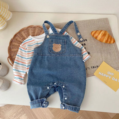 2025 Autumn Korean Baby Boys Girls Pants Cartoon Jeans Overalls Cute Bear Infant Toddler Kids Cotton Suspender Denim Jumpsuit