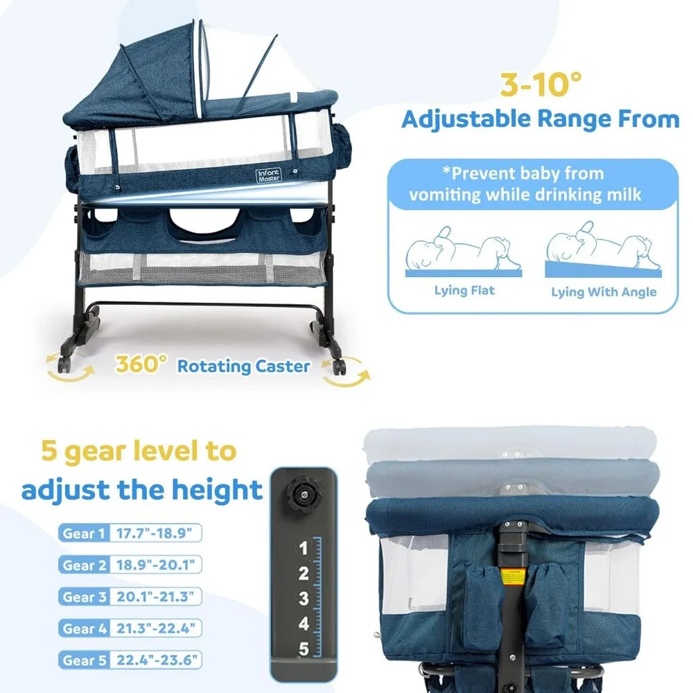 3 in 1 Baby Bassinet, Upgraded Beside Crib with 360° Highly Visible Mesh wall, Comfy Co-sleeper Bassinet with mattress, 5 Level