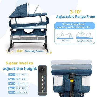 3 in 1 Baby Bassinet, Upgraded Beside Crib with 360° Highly Visible Mesh wall, Comfy Co-sleeper Bassinet with mattress, 5 Level