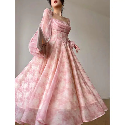 Pink Floral Dress Summer Woman Long Sleeve Chiffon Casual Midi Dress Even Party Elegant Formal Dress Beach Style 2025 Summer