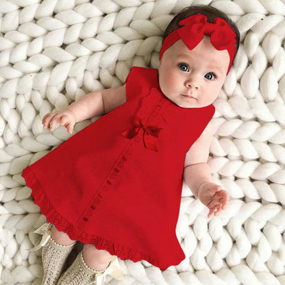 New Maxi Bow Dress+ headband Set Newborn Baby Girl Sleeveless Outfit Bowknot Ruffle Red Clothes Baby Summer Dresses For Girls