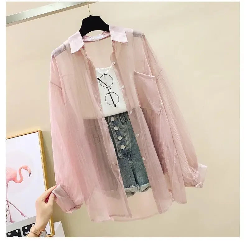 Shirts Women Sheer Thin Chic Summer Simple Solid Sun-proof Temper Fashion Baggy All-match Basic Korean Style Clothes