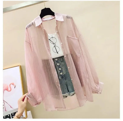 Shirts Women Sheer Thin Chic Summer Simple Solid Sun-proof Temper Fashion Baggy All-match Basic Korean Style Clothes
