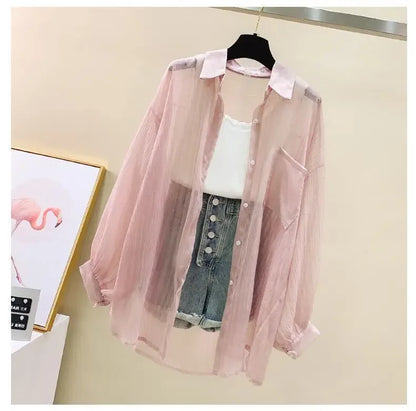 Shirts Women Sheer Thin Chic Summer Simple Solid Sun-proof Temper Fashion Baggy All-match Basic Korean Style Clothes