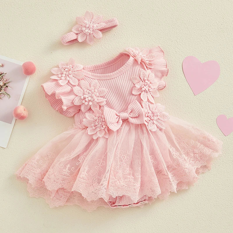Infant Baby Girl Lace Romper Baby Tulle Dress Romper Flowers Bodysuit Spring Summer Festival Clothes with Headband