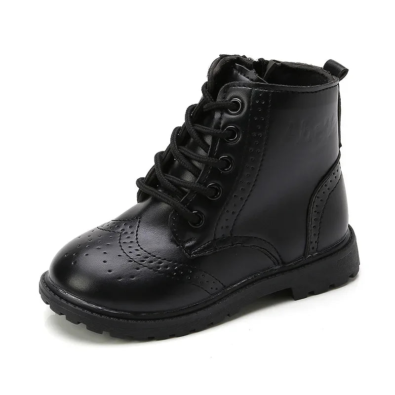 Kids Casual Boots PU Leather Black Zipper for Boys Girls Cross-tied Children Ankle High Boots Anti-skid Round Toes Soft Quality