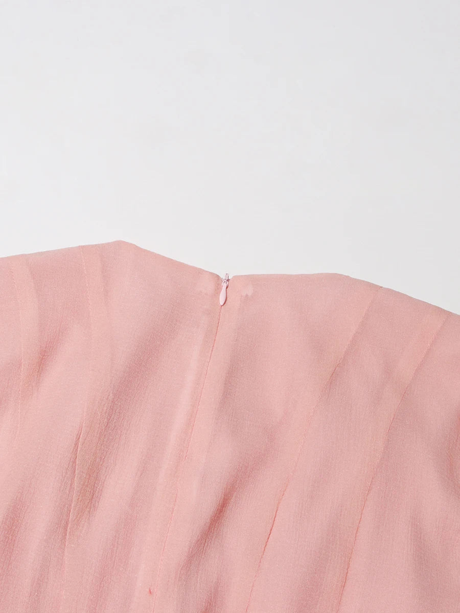 TWOTWINSTYLE Pink Patchwork Ruffle Dress For Women Round Neck Flare Sleeve High Wait Slim Elegant Midi 107CM Dress Female 2025