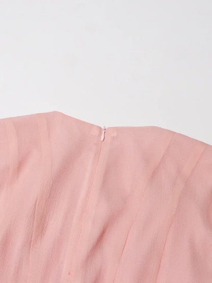 TWOTWINSTYLE Pink Patchwork Ruffle Dress For Women Round Neck Flare Sleeve High Wait Slim Elegant Midi 107CM Dress Female 2025