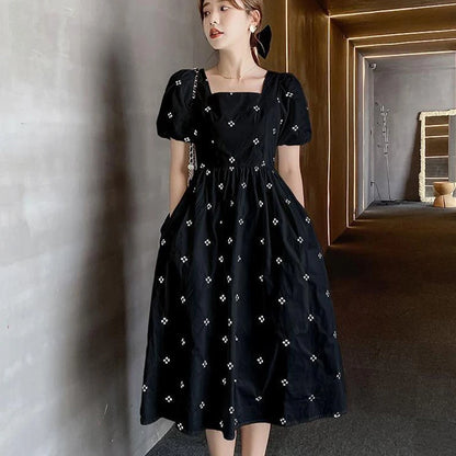 Elegant Women Midi Dress Korean Style Floral Print Square Collar Casual Black Dresses