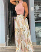 2025 Summer Fashion Printing Two Piece Set Women Casual Solid Sleeveless Tank Top Wide Leg Pants Two Piece Set Women