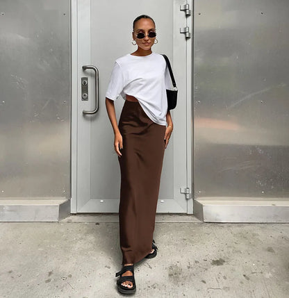 Elegant Satin Black Trumpet Skirts Fashion Slim High Waist Skirts Women Female  Solid Office Long Skirt Spring Summer